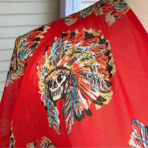 Giddy Up Glamour Kimono Cardigan Chiffon Red Cowboy Skull Print S/M *read - Picture 6 of 8
